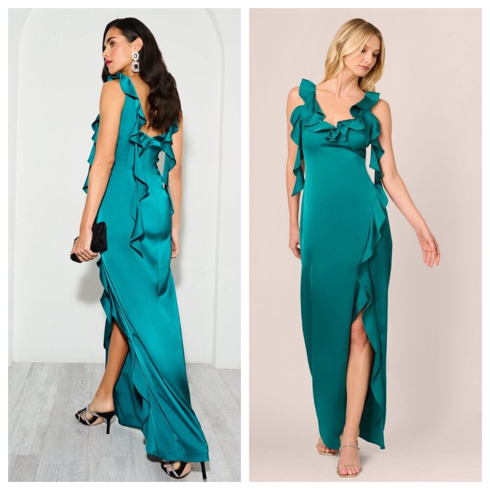Adriana Papell Ruffled V-Neck Sleeveless Satin Gown Deep Emerald